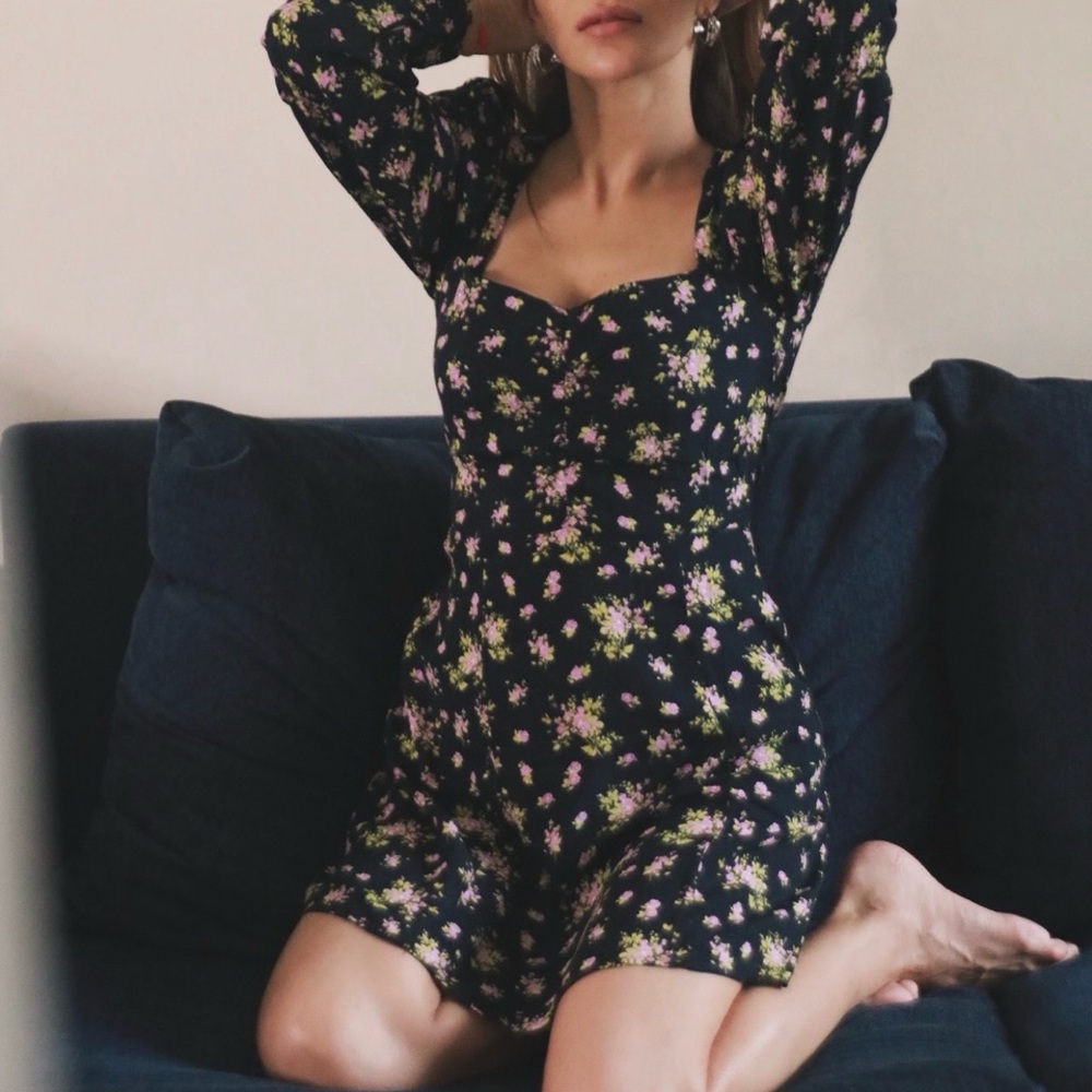 Zara black floral mini dress lavender lime green pattern